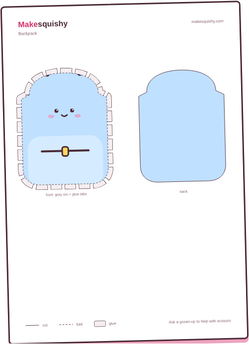 Printable template for the backpack paper squishy on an A4 sheet