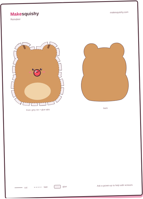 Printable template for the reindeer paper squishy on an A4 sheet