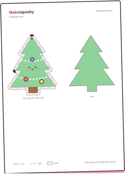 Printable template for the Christmas tree paper squishy on an A4 sheet