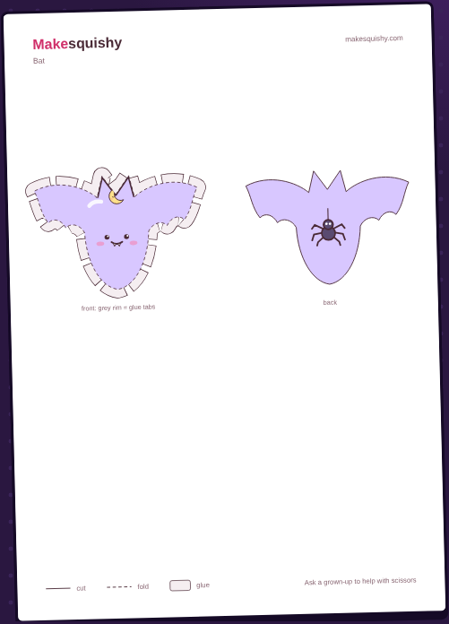 Printable template for the Halloween bat paper squishy on an A4 sheet