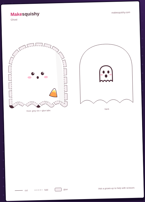 Printable template for the Halloween ghost paper squishy on an A4 sheet