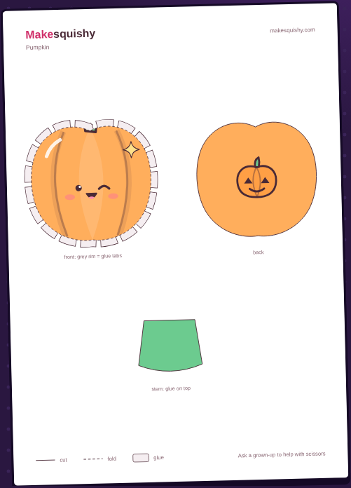 Printable template for the Halloween pumpkin paper squishy on an A4 sheet