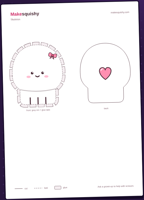 Printable template for the Halloween skeleton paper squishy on an A4 sheet
