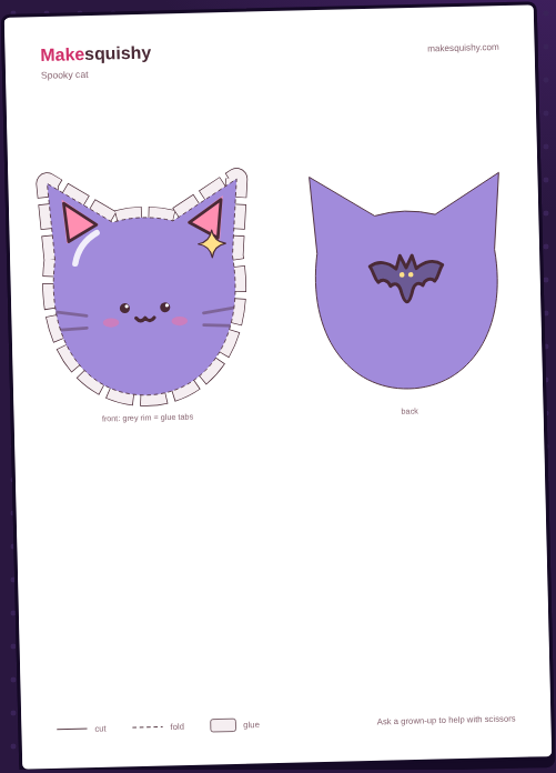 Printable template for the Halloween spooky cat paper squishy on an A4 sheet