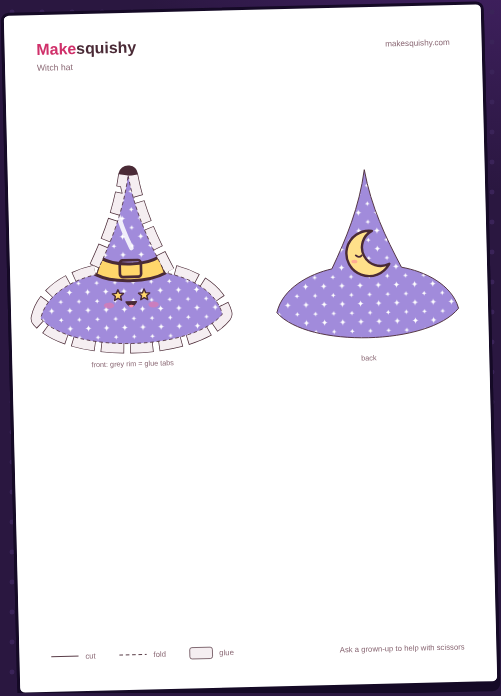 Printable template for the Halloween witch hat paper squishy on an A4 sheet