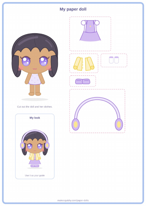 Printable A4 sheet with the bookworm paper doll and her Back to school costume pieces