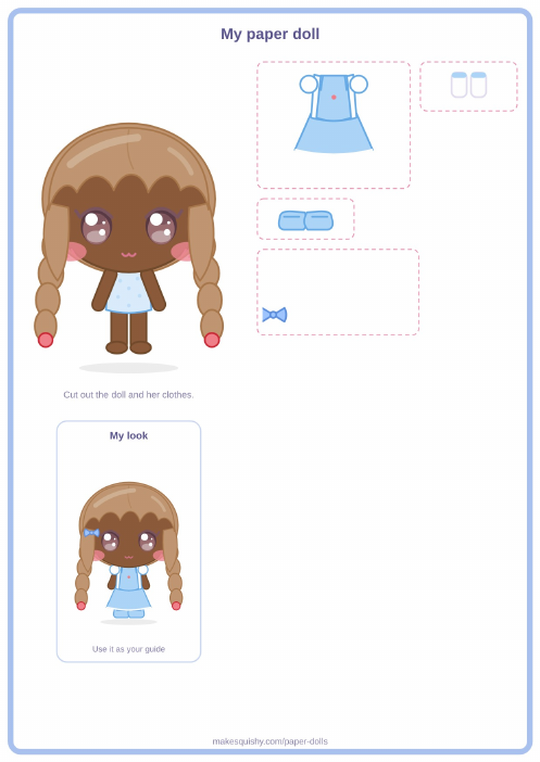 Printable A4 sheet with the school girl paper doll and her Back to school costume pieces