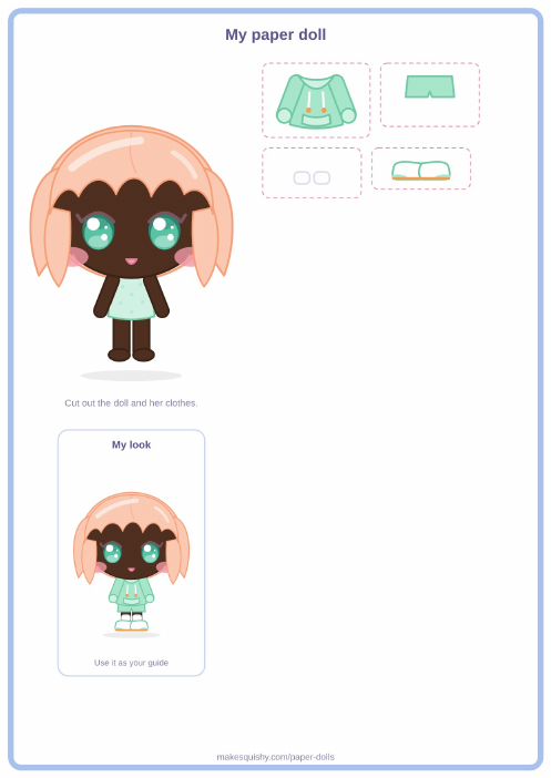 Printable A4 sheet with the sporty kid paper doll and her Back to school costume pieces