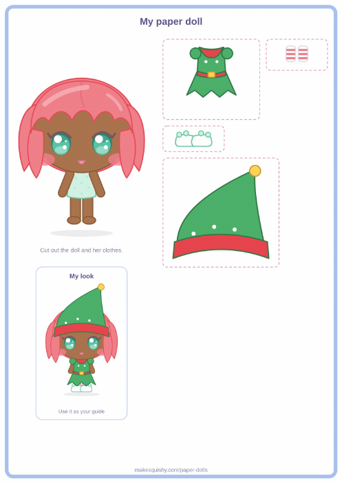 Printable A4 sheet with the elf girl paper doll and her Christmas costume pieces