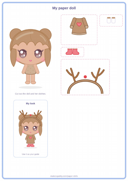 Printable A4 sheet with the reindeer girl paper doll and her Christmas costume pieces