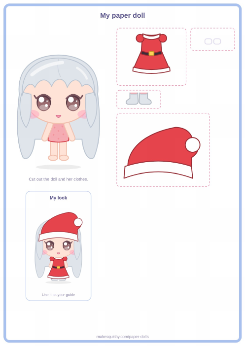 Printable A4 sheet with the little Santa paper doll and her Christmas costume pieces