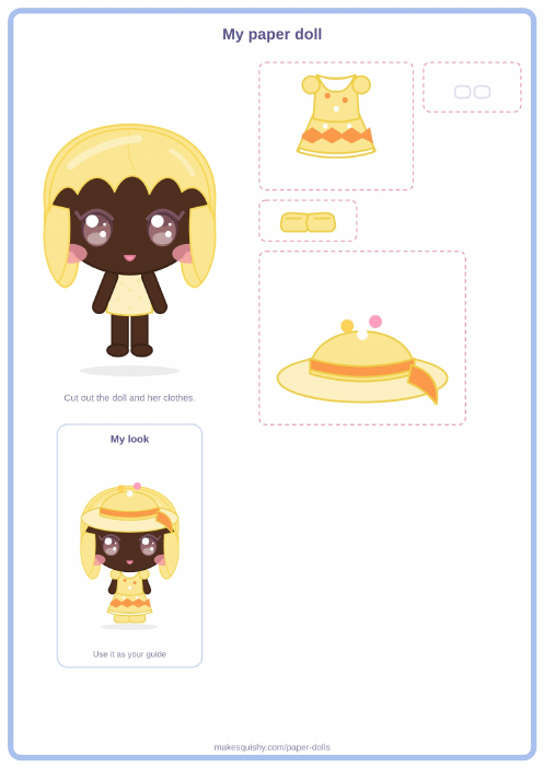 Printable A4 sheet with the chick girl paper doll and her Easter costume pieces