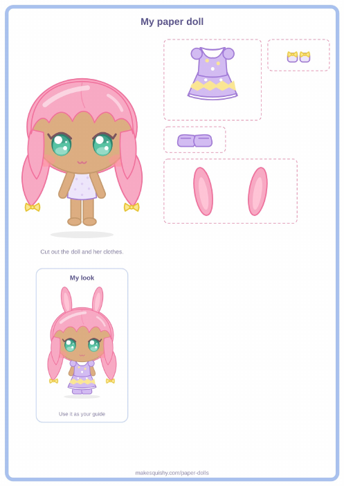 Printable A4 sheet with the egg hunt bunny paper doll and her Easter costume pieces