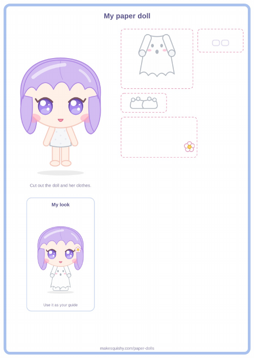Printable A4 sheet with the ghost girl paper doll and her Halloween costume pieces