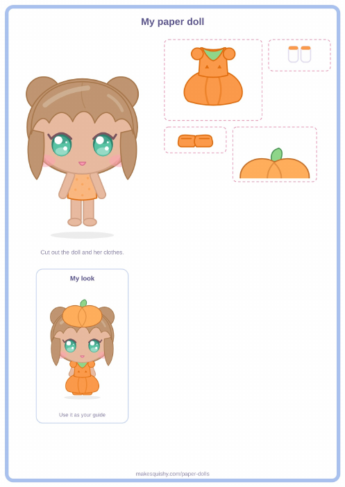 Printable A4 sheet with the pumpkin girl paper doll and her Halloween costume pieces