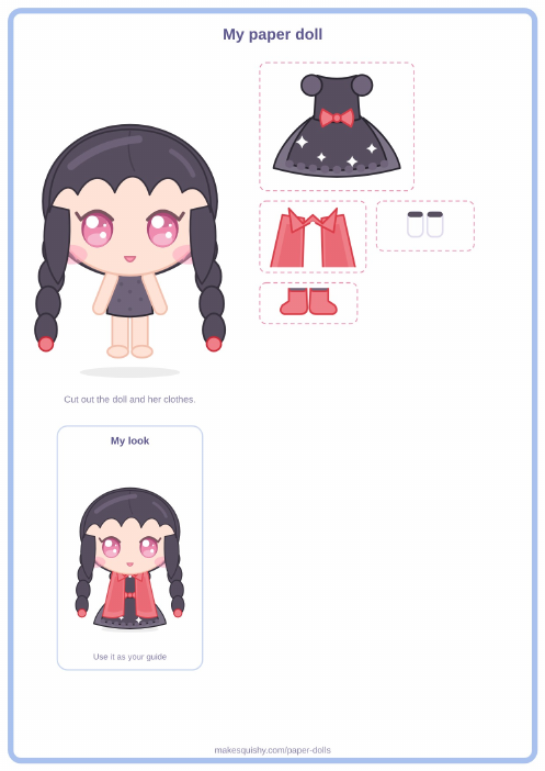 Printable A4 sheet with the little vampire paper doll and her Halloween costume pieces