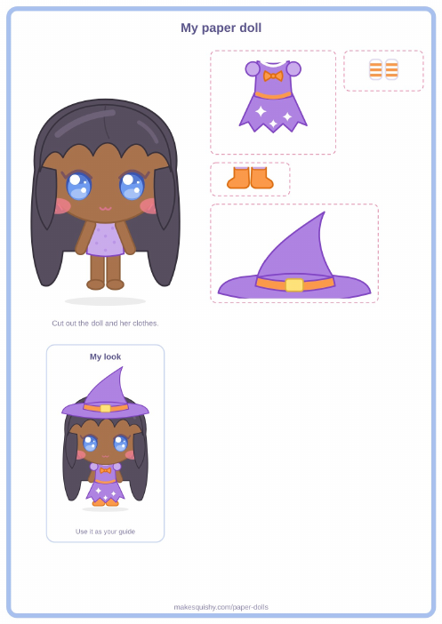 Printable A4 sheet with the little witch paper doll and her Halloween costume pieces