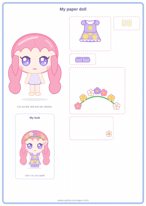 Printable A4 sheet with the butterfly girl paper doll and her Spring costume pieces