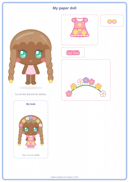 Printable A4 sheet with the flower girl paper doll and her Spring costume pieces