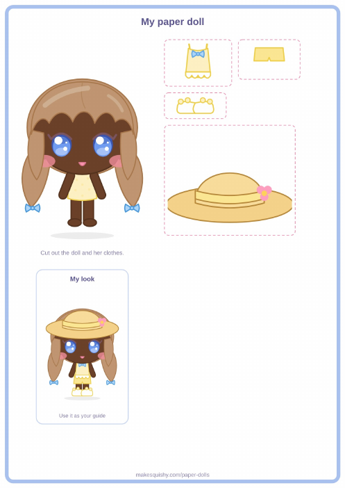 Printable A4 sheet with the beach girl paper doll and her Summer costume pieces