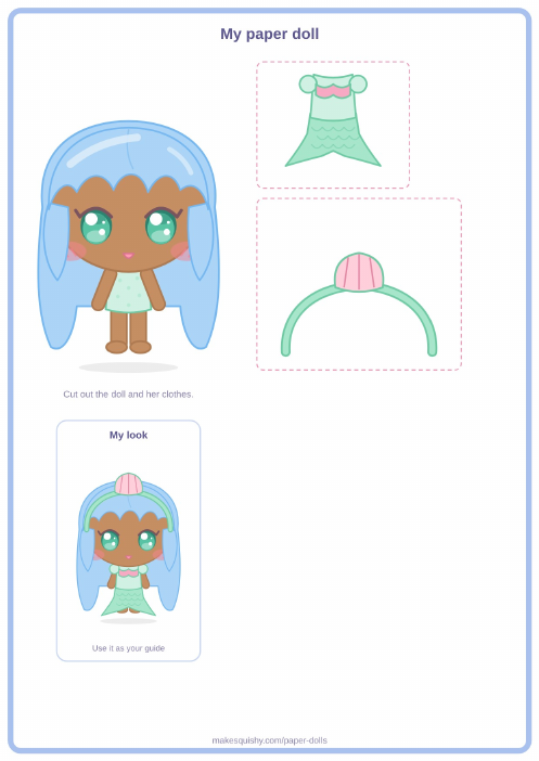 Printable A4 sheet with the mermaid paper doll and her Summer costume pieces