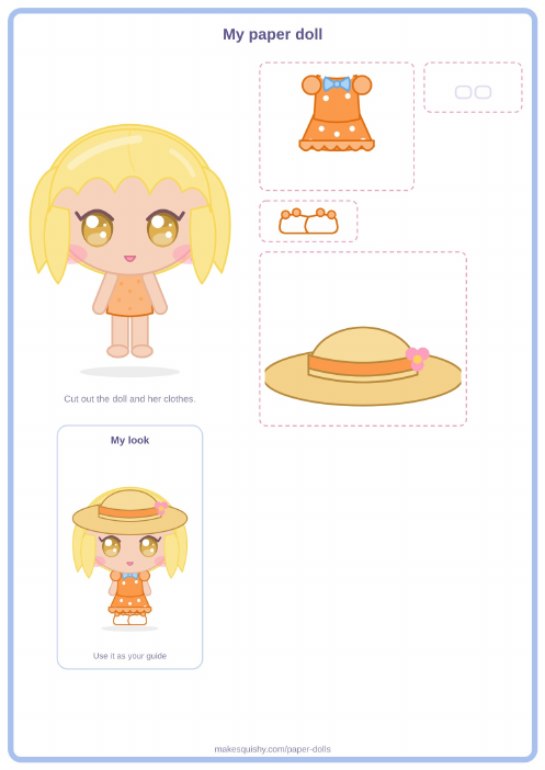 Printable A4 sheet with the sunny day girl paper doll and her Summer costume pieces