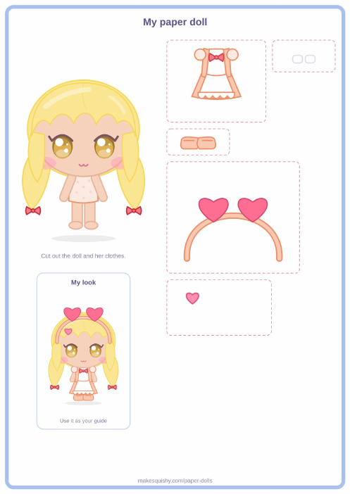 Printable A4 sheet with the little Cupid paper doll and her Valentine's Day costume pieces
