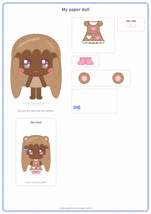 Printable A4 sheet with the love bear paper doll and her Valentine's Day costume pieces