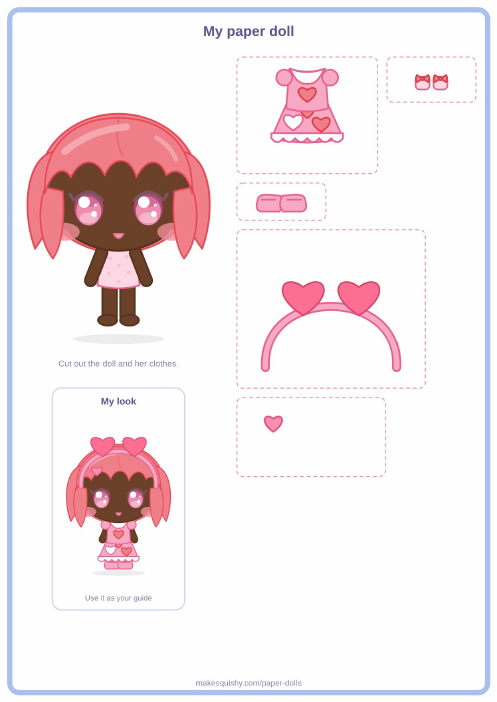 Printable A4 sheet with the sweetheart paper doll and her Valentine's Day costume pieces