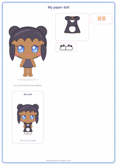 Printable A4 sheet with the penguin girl paper doll and her Winter costume pieces