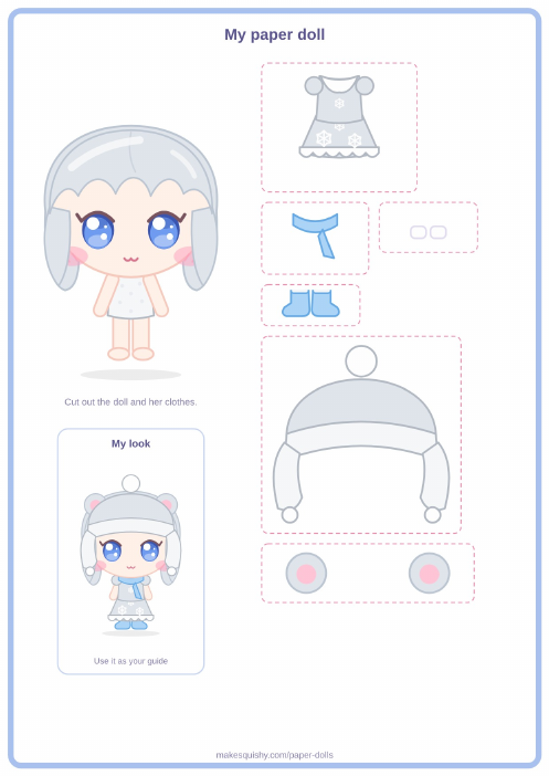 Printable A4 sheet with the polar bear paper doll and her Winter costume pieces