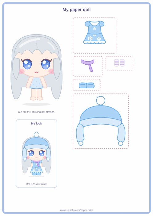 Printable A4 sheet with the snowflake girl paper doll and her Winter costume pieces