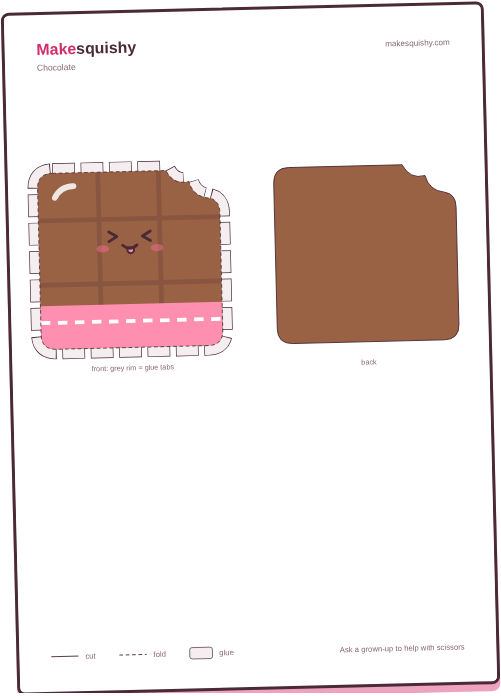 Printable template for the Valentine chocolate paper squishy on an A4 sheet
