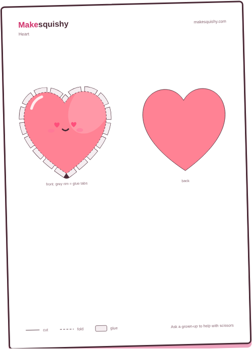 Printable template for the Valentine heart paper squishy on an A4 sheet