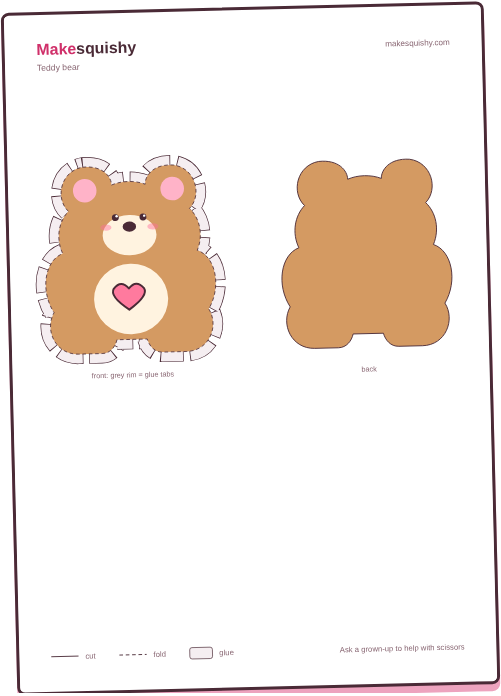 Printable template for the Valentine teddy bear paper squishy on an A4 sheet