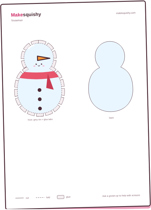 Printable template for the snowman paper squishy on an A4 sheet